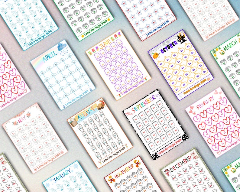 May include: A collection of colorful savings tracker printables, each designed for a different month. The designs include hearts, umbrellas, flowers, pumpkins, and other seasonal graphics. Each tracker is designed to save $100.