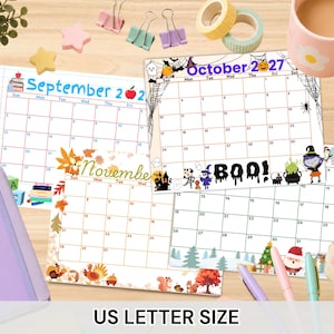 May include: A set of US letter size monthly calendar pages featuring September, October, and November designs. The pages include seasonal illustrations like school supplies, Halloween ghosts, pumpkins, witches, turkeys, and Christmas themes.