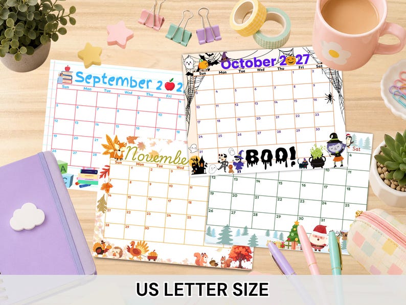 May include: A set of US letter size monthly calendar pages featuring September, October, and November designs. The pages include seasonal illustrations like school supplies, Halloween ghosts, pumpkins, witches, turkeys, and Christmas themes.