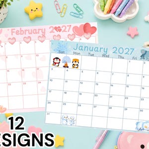 May include: Two printed monthly calendar pages for 2027. One page shows February with pink heart motifs. The other page shows January with blue snowflake accents, penguin illustrations, and a bear graphic. Both calendars feature a grid layout.