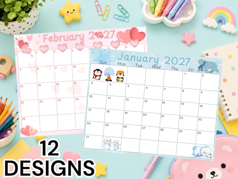 May include: Two printed monthly calendar pages for 2027. One page shows February with pink heart motifs. The other page shows January with blue snowflake accents, penguin illustrations, and a bear graphic. Both calendars feature a grid layout.