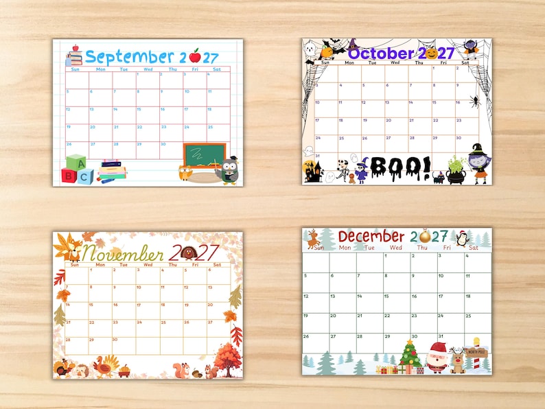 May include: Four monthly calendar pages for September, October, November, and December 2027. September features school supplies and an owl. October has Halloween motifs and the text BOO!. November displays autumn leaves and turkeys. December shows winter scenes with Santa.