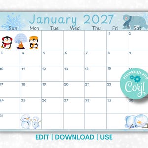 May include: A January 2027 calendar page with a light blue winter theme featuring snowflakes, a polar bear, penguins, an igloo, a campfire, and snowmen. A teal circular badge with the text Personalize with Corjl is present.