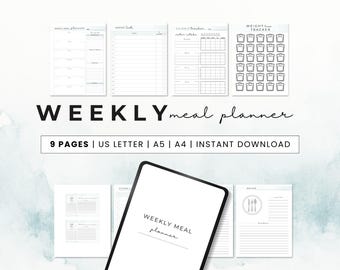 May include: A collection of printable weekly meal planners, calorie trackers, and weight trackers. The image includes a tablet displaying a planner page. Text on the image reads "WEEKLY meal planner" and "9 PAGES | US LETTER | A5 | A4 | INSTANT DOWNLOAD".