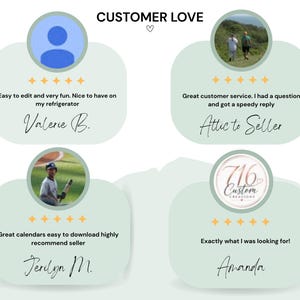 May include: A customer review graphic titled CUSTOMER LOVE featuring four testimonials with five-star ratings. Each section includes a circular profile image, text reviews from Valerie B., Attic to Seller, Jerilyn M., and Amanda, and cursive signatures.