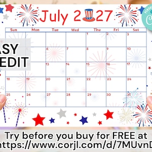 May include: A July 2027 calendar page featuring a patriotic theme with red, white, and blue fireworks and star illustrations. The header includes the text July 2027 with a small top hat icon. The grid displays days of the week and dates.