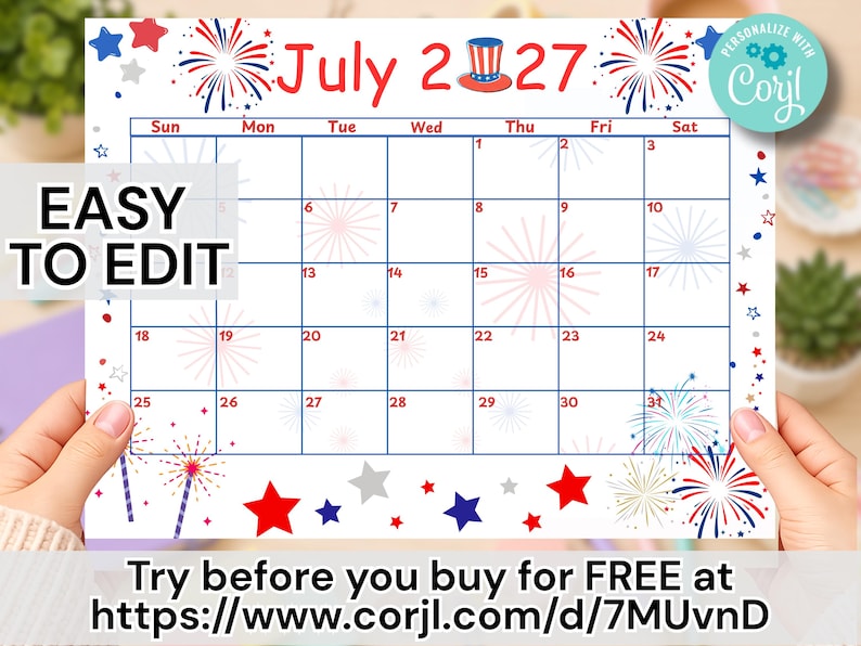 May include: A July 2027 calendar page featuring a patriotic theme with red, white, and blue fireworks and star illustrations. The header includes the text July 2027 with a small top hat icon. The grid displays days of the week and dates.
