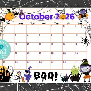 May include: A rectangular October 2026 calendar page featuring a white background with black spiderweb borders. The header displays the text October 2026 in purple. Illustrations include a ghost, pumpkins, a vampire, a spider, a haunted house, a skeleton, a witch, a black cat, and a cauldron with green liquid. The word BOO is printed in black.