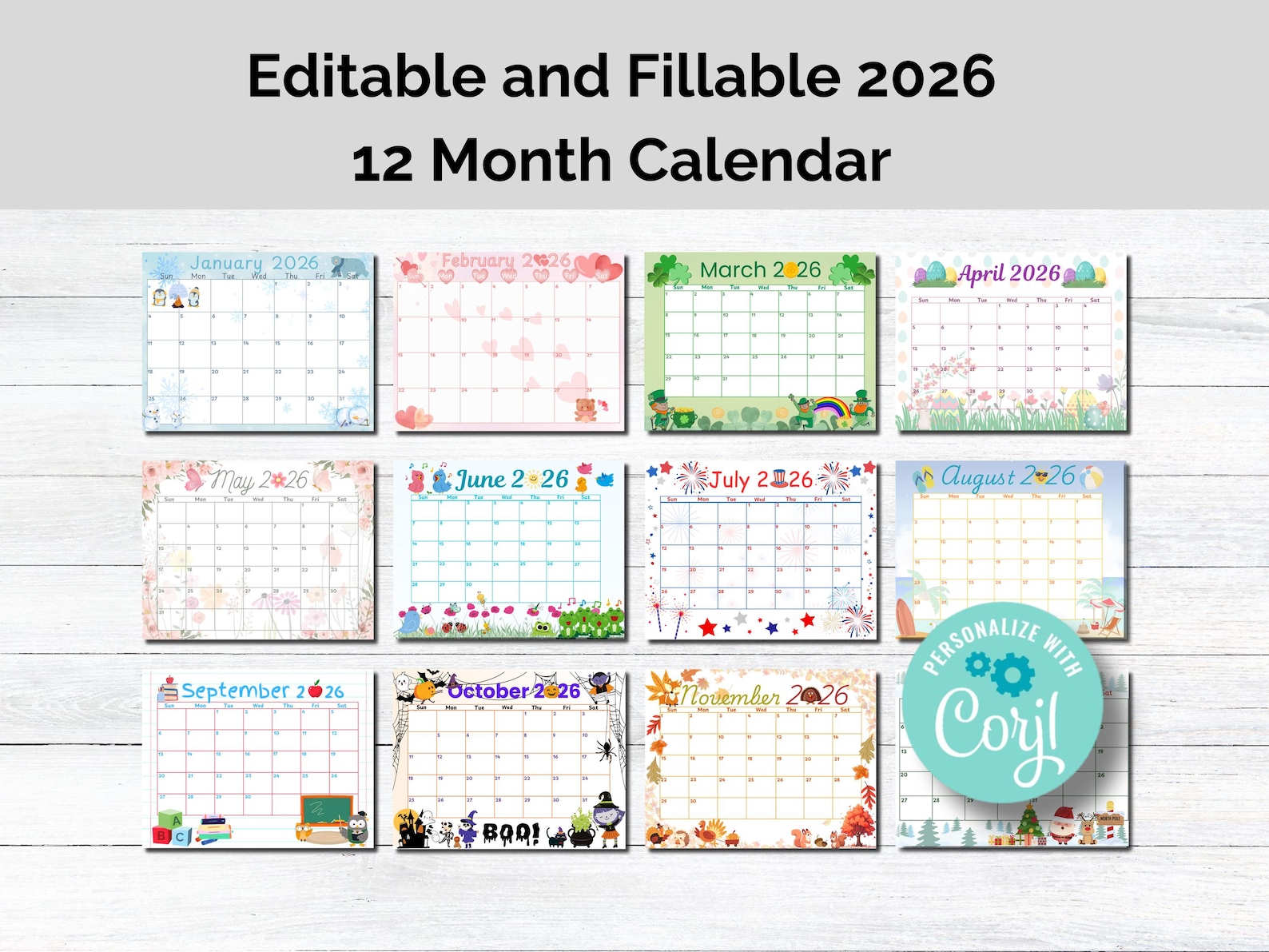 Editable 2026 12 Month Calendar| Printable and Fillable - Etsy