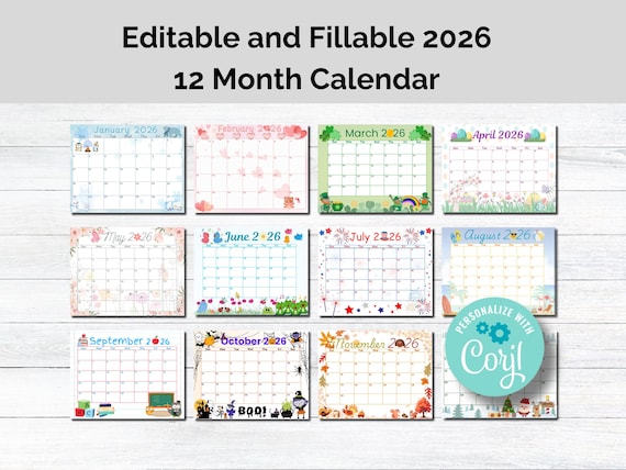 Editable 2026 12 Month Calendar| Printable and Fillable