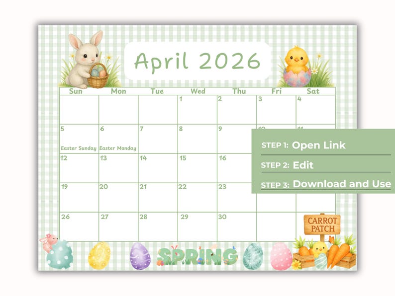 April 2026 Calendar | Editable Easter Day Watercolor Theme | Instant ...