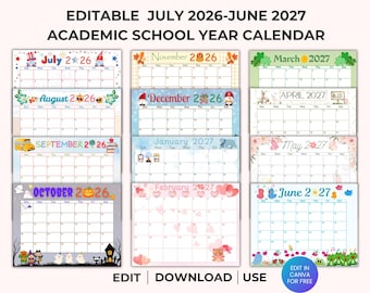 Editable Academic School Year Calendar, July 2026-June 2027 Planner (Digital Download)