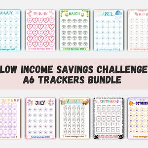 May include: A bundle of A6 savings trackers, each themed for a different month. The trackers feature various designs, including snowmen, hearts, shamrocks, rainbows, flowers, popsicles, fireworks, and pumpkins. The text "LOW INCOME SAVINGS CHALLENGE" is also visible.