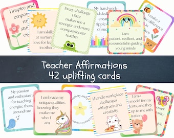 May include: A set of 42 colorful affirmation cards for teachers, featuring illustrations of animals, rainbows, and stars. The cards include positive messages such as "I inspire and empower my students" and "I am patient, resilient, and resourceful in guiding young minds".
