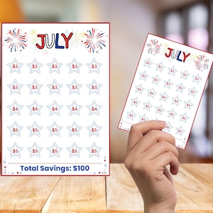May include: Two white cards with a red border. The cards have the word "JULY" at the top, with star-shaped boxes containing dollar amounts. Fireworks are at the top. The total savings is $100.