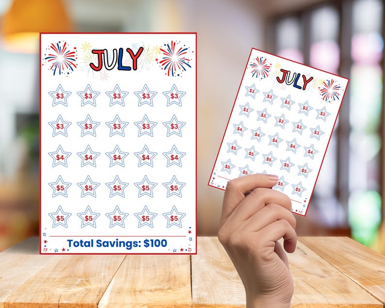 May include: Two white cards with a red border. The cards have the word "JULY" at the top, with star-shaped boxes containing dollar amounts. Fireworks are at the top. The total savings is $100.