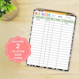 以下が含まれることがあります： 黒と白のボーダー、鉛筆、そして「SIGN IN/OUT sheet」のテキストが入ったサインイン/アウトシート。シートには日付9-2-25とエミリーとメアリーの名前が含まれています。ピンクのステッカーには「INCLUDES 2 US LETTER SIZED FORMS」と書かれています。