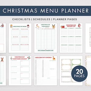 May include: A Christmas Menu Planner with checklists, schedules, and planner pages. The pages include a guest list, menu, food budget, grocery list, and recipe pages. The planner has 20 pages and features festive illustrations.