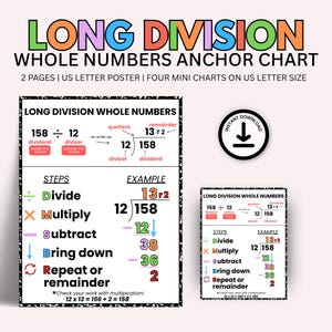 Puede incluir: Un gráfico de anclaje colorido para la división larga de números enteros. El gráfico incluye el título "LONG DIVISION WHOLE NUMBERS ANCHOR CHART" en letras grandes y multicolores. También muestra los pasos y un ejemplo de división larga.