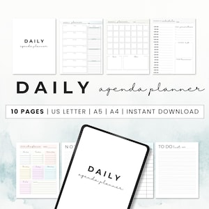 May include: A digital planner with the text "DAILY agenda planner" on the cover. The planner includes pages for daily scheduling, to-do lists, and monthly calendars. The planner is available for instant download in US Letter, A5, and A4 sizes.