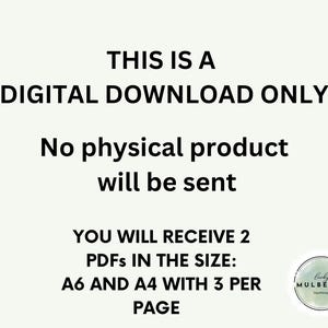 May include: White background with black text stating "THIS IS A DIGITAL DOWNLOAD ONLY" and "No physical product will be sent." It also says "YOU WILL RECEIVE 2 PDFs IN THE SIZE: A6 AND A4 WITH 3 PER PAGE."