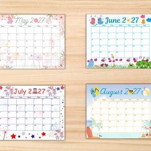 May include: Four monthly calendar pages for May, June, July, and August 2027. May features floral designs, June shows cartoon birds and frogs, July displays red, white, and blue fireworks, and August depicts a beach scene with flip-flops.