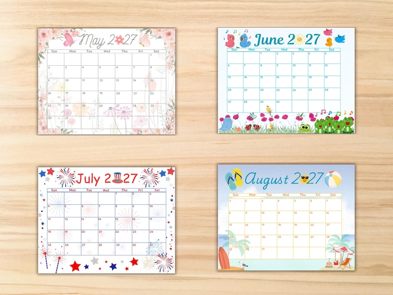 May include: Four monthly calendar pages for May, June, July, and August 2027. May features floral designs, June shows cartoon birds and frogs, July displays red, white, and blue fireworks, and August depicts a beach scene with flip-flops.