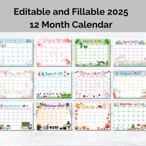 Editable and Fillable  12 Month 2025 Calendar