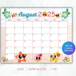 Editable August 2025 Calendar Template: Printable Monthly Planner (Digital Download, US Letter Size)