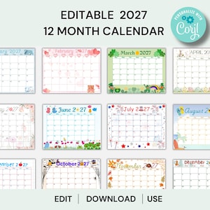 May include: An editable 2027 12-month calendar set featuring themed illustrations for each month, including seasonal motifs like hearts, shamrocks, flowers, beach items, and holiday icons. The text reads EDITABLE 2027 12 MONTH CALENDAR.