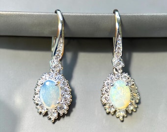 Australian Opal Earrings: Natural Gems, Sterling Silver, Halo Dangle Drop Design, Fine Jewelry Gift