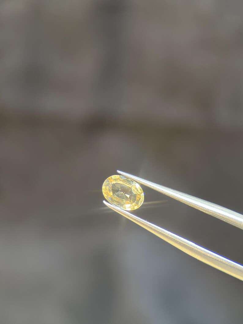 May include: A vibrant yellow, oval gemstone is held by silver tweezers against a blurred backdrop. The gem reflects light, highlighting its clarity and colour. This image showcases the beauty of the gemstone.