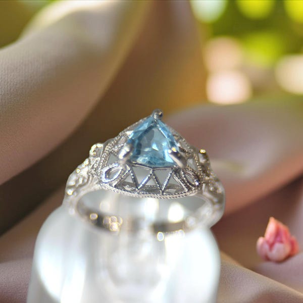 Blue Topaz Ring: Natural Gemstone, Sterling Silver, Art Deco Jewelry