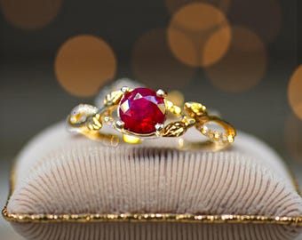 Natural Ruby Ring: 10K Solid Gold, Engagement, July Birthstone, Diamond Accent, Fine Jewelry