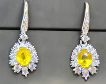 Natural Yellow Sapphire Earrings, Sterling Silver Halo Dangles, 1.20 CTW, Gift Ready