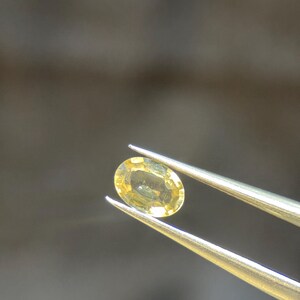 May include: A yellow oval gemstone held by silver tweezers. The gemstone has a light yellow colour and a polished surface. The tweezers are angled, showcasing the gemstone against a blurred background. The gemstone is likely a sapphire or topaz.