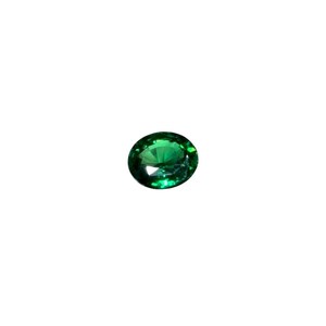 May include: A vibrant, oval-cut emerald gemstone. The gem is a deep, rich green color with facets that catch the light, creating a sparkling effect. The gemstone is set against a plain white background.