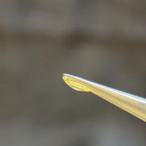 May include: Close-up of a gold-coloured tool, possibly tweezers, holding a small, translucent, yellow object. The object has a slightly curved shape. The background is blurred, with shades of brown and grey.