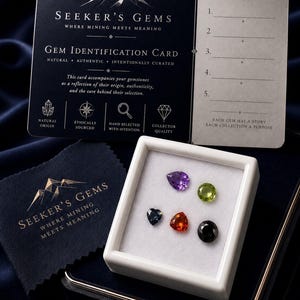 May include: A white display box containing five loose faceted gemstones: a purple pear shape, a green round, a dark blue heart, an orange triangle, and a black round. Includes a Seeker's Gems identification card and a branded black cleaning cloth.