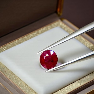 May include: A faceted, round, deep red ruby gemstone is held by silver tweezers inside a small, open jewelry box. The box has a white interior and a gold-colored trim.