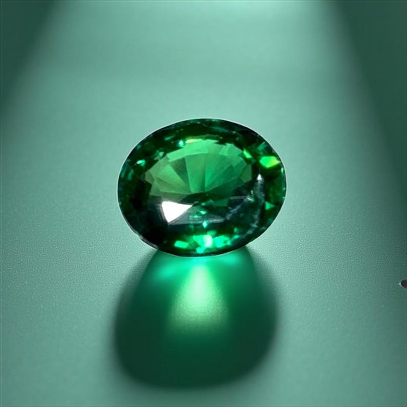May include: A vibrant, oval-cut emerald gemstone. The gem is a deep, rich green color, with facets that catch the light, creating a sparkling effect. The gemstone sits on a matching green surface, casting a dark shadow.