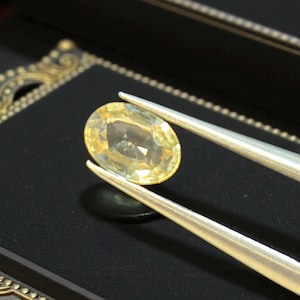 May include: A pale yellow, oval gemstone is held by silver tweezers against a black backdrop. The gemstone has a subtle sparkle and a translucent appearance. The tweezers are angled, highlighting the gem's shape and colour.