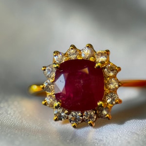 Natural Ruby Ring 14K Gold White Sapphire Halo Fine Jewelry 1.10 CTs Gift