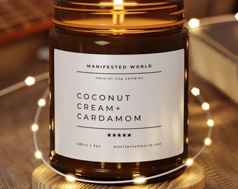 Vela de crema de coco y cardamomo en frasco ámbar / Vela aromática de soja