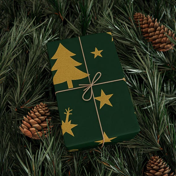 Gold Reindeer and Stars Holiday Wrapping Paper | Christmas Gift Wrap