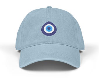 Gorra vaquera con bordado de mal de ojo / Gorra azul con símbolo de Nazar