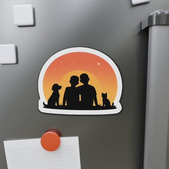 Sunset Gay Couple, Dog & Cat Magnet | Silhouette Magnet