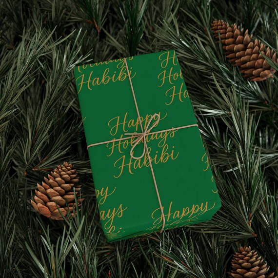 Happy Holidays Habibi Wrapping Paper | Green Gold Holiday Wrap
