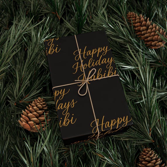 Happy Holidays Script Wrapping Paper | Black Gold Holiday Wrap