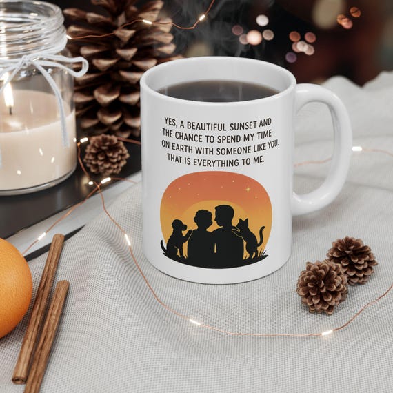 Sunset Gay Couple with Pets Mug | Romantic Quote Ceramic Mug